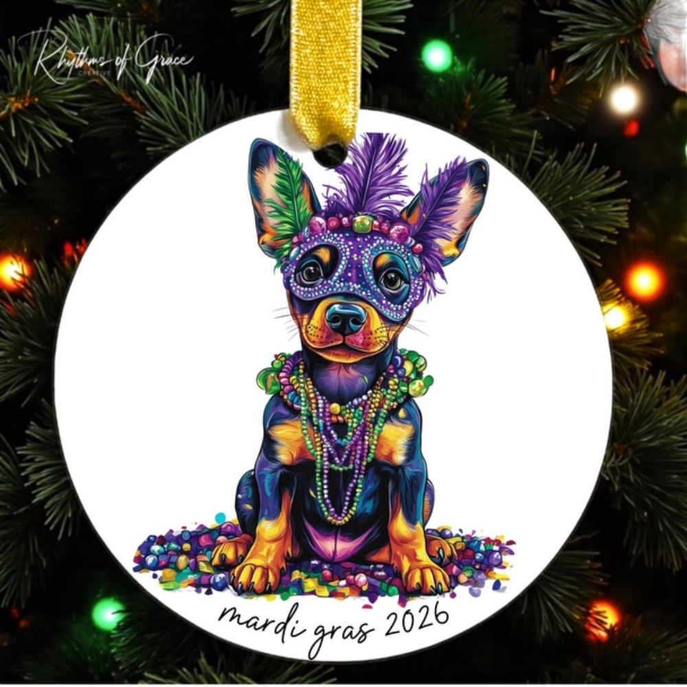 Mardi Gras Doberman Pinscher Christmas Ornament, Dog Lover Keepsake, Personalize